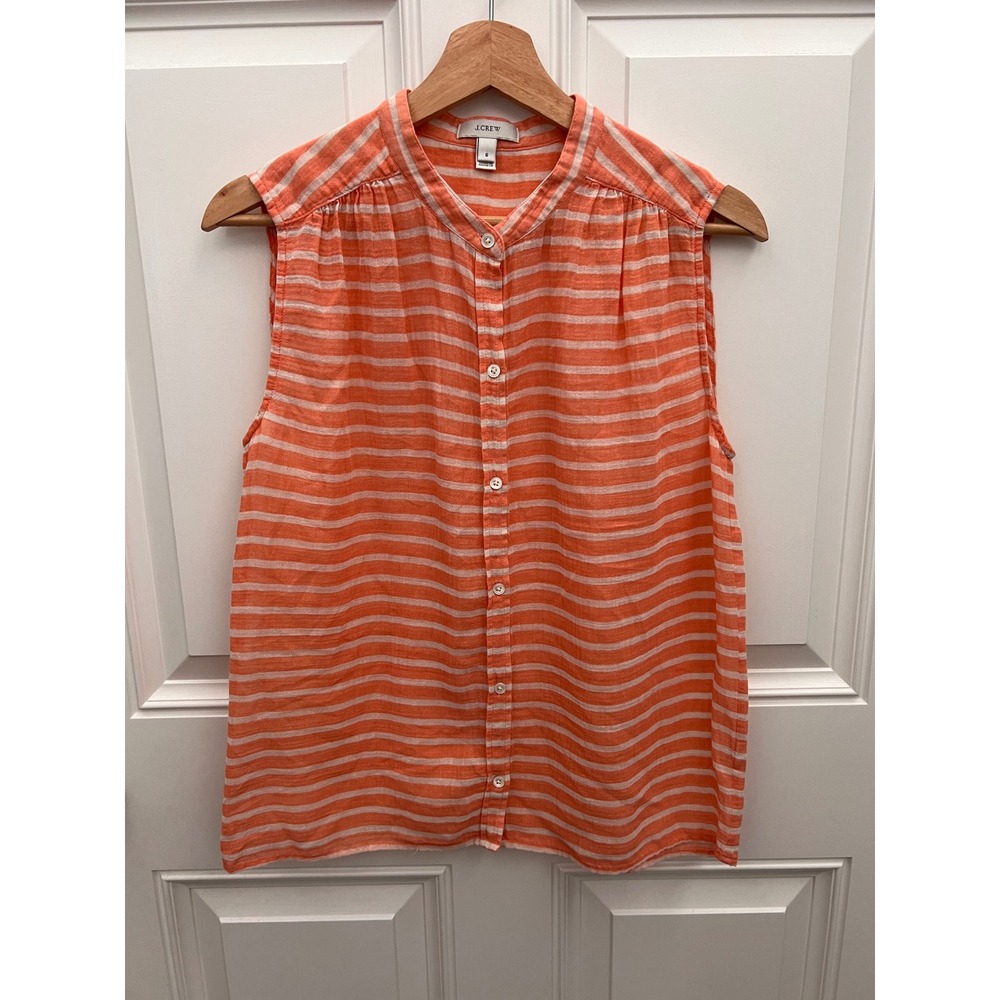 J.Crew Women Orange White Striped Cotton Gauze‎ Sleeveless Button Down Top 6